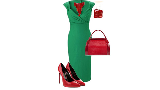 لباس رنگ سبز با جزئیات و اکسسوری های قرمز